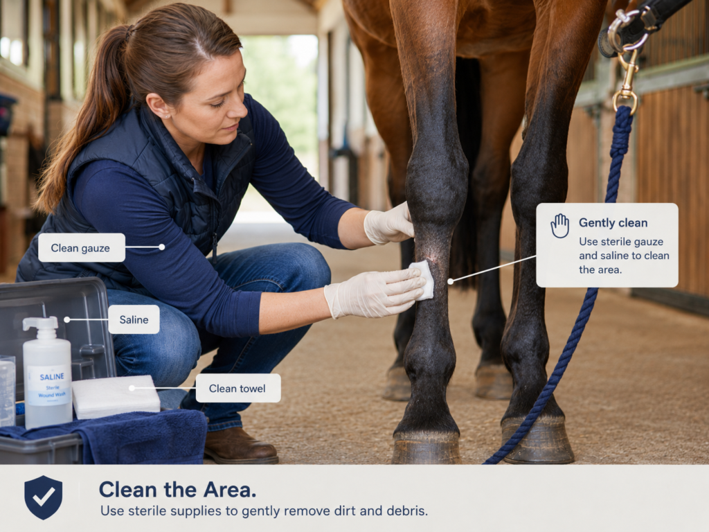 Cleaning the wound before applying nitrofurazone ointment for horses
